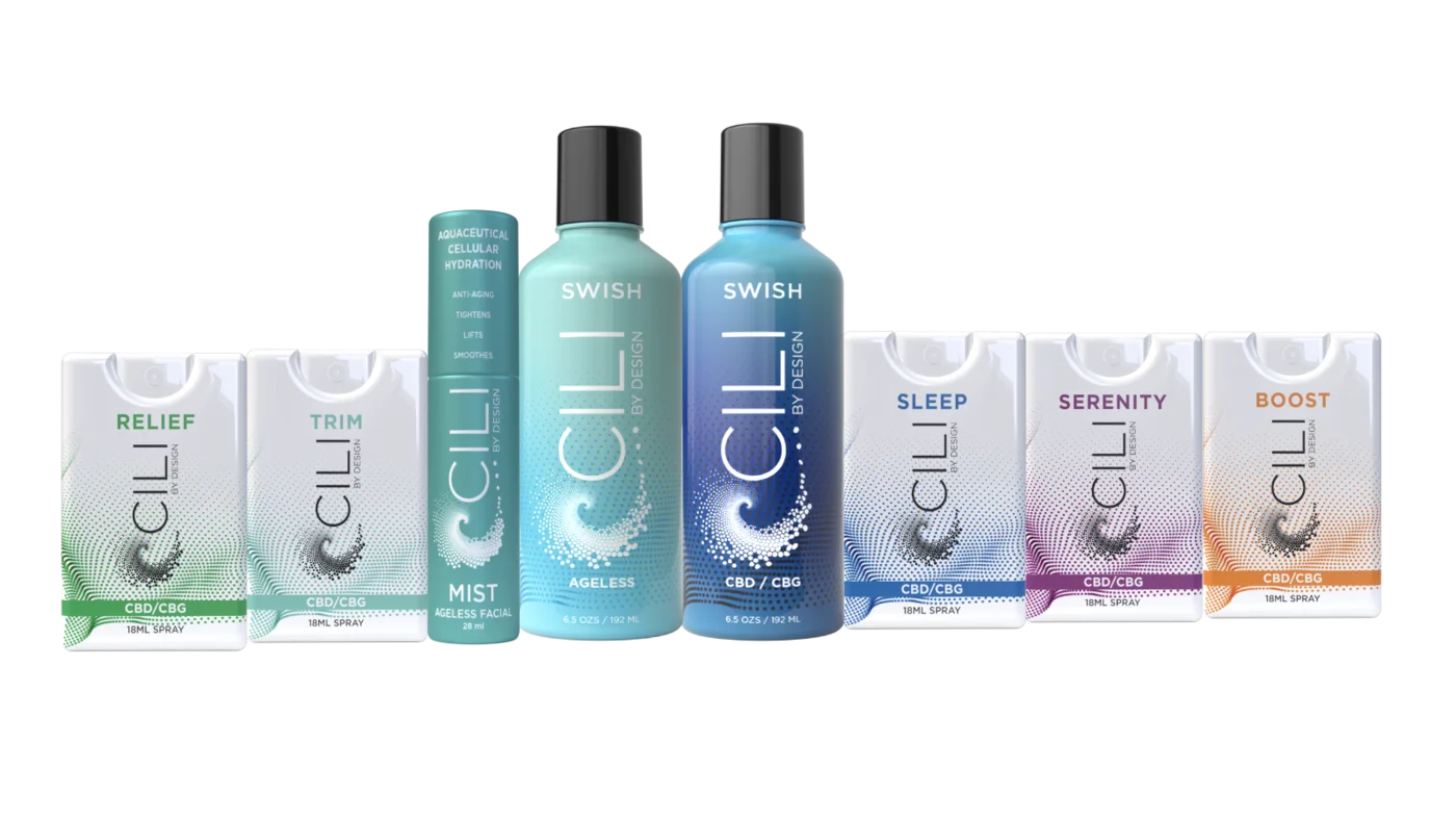 The CILI by Design EU product family: SWISH, Ageless Swish, Quickshot sprays and Ageless Facial Mist